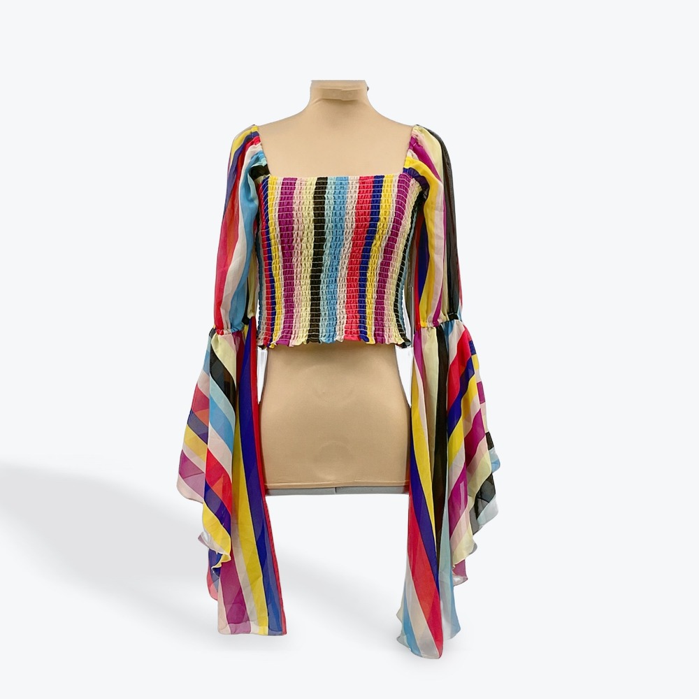 Truth NYC Rainbow Striped Smocked Bell Sleeve Crop‎ Top Festival Party
